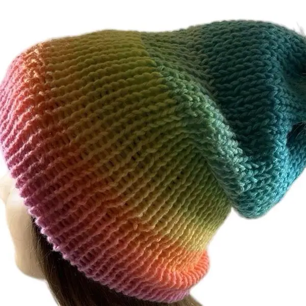 Knitted Beanie - Colorful Knit Hat with Gradient Design - Reversible