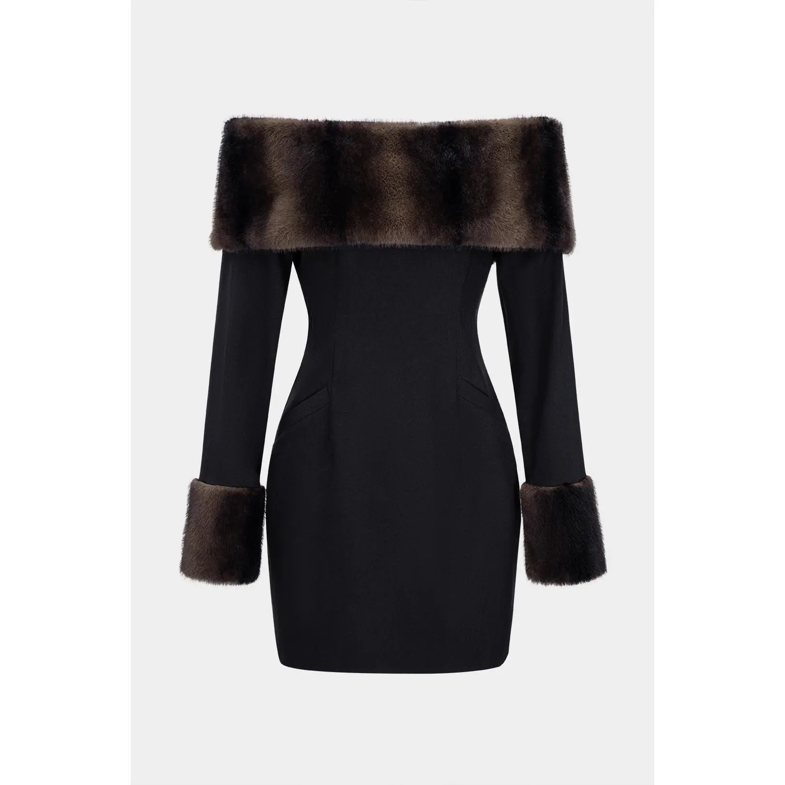 Off Shoulder Faux Fur Patchwork Long Sleeve Mini Dress