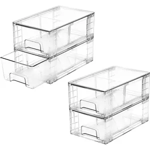 4 Pack Stackable Storage Drawers with Handles, Easy Assembly Clear Acrylic Fridge Organizer for Kitchen, Under Sink, Pantry, Bathroom