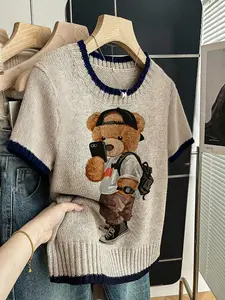Trendy Bear Colorblock Round Neck Fitted Sweater, Colorblock Sweater Tops, Casual Everyday Short Sleeve Knitwear for Spring & Fall, Comfortable Warm Women's Clothing, Knitwear Sweater Pullover