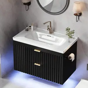 24 Inch Floating Bathroom Vanity with Sink, LED Lighting & Wave Line Design, 2 Soft-Close Drawers, Wall Mounted Cabinet, Space-Saving for Small Spaces, Available in White/Black, Perfect for Bathroom Storage & Decoration