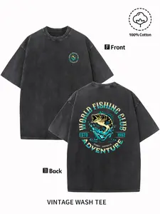 Men'S Vintage World Fishing Club Print T-shirt - Reversible Print Design, Short Sleeve Crew Neck, 230g Washed Cotton, Summer Fashion Casual T-shirt, Machine Washable, Suitable For All Seasons vintage style top
