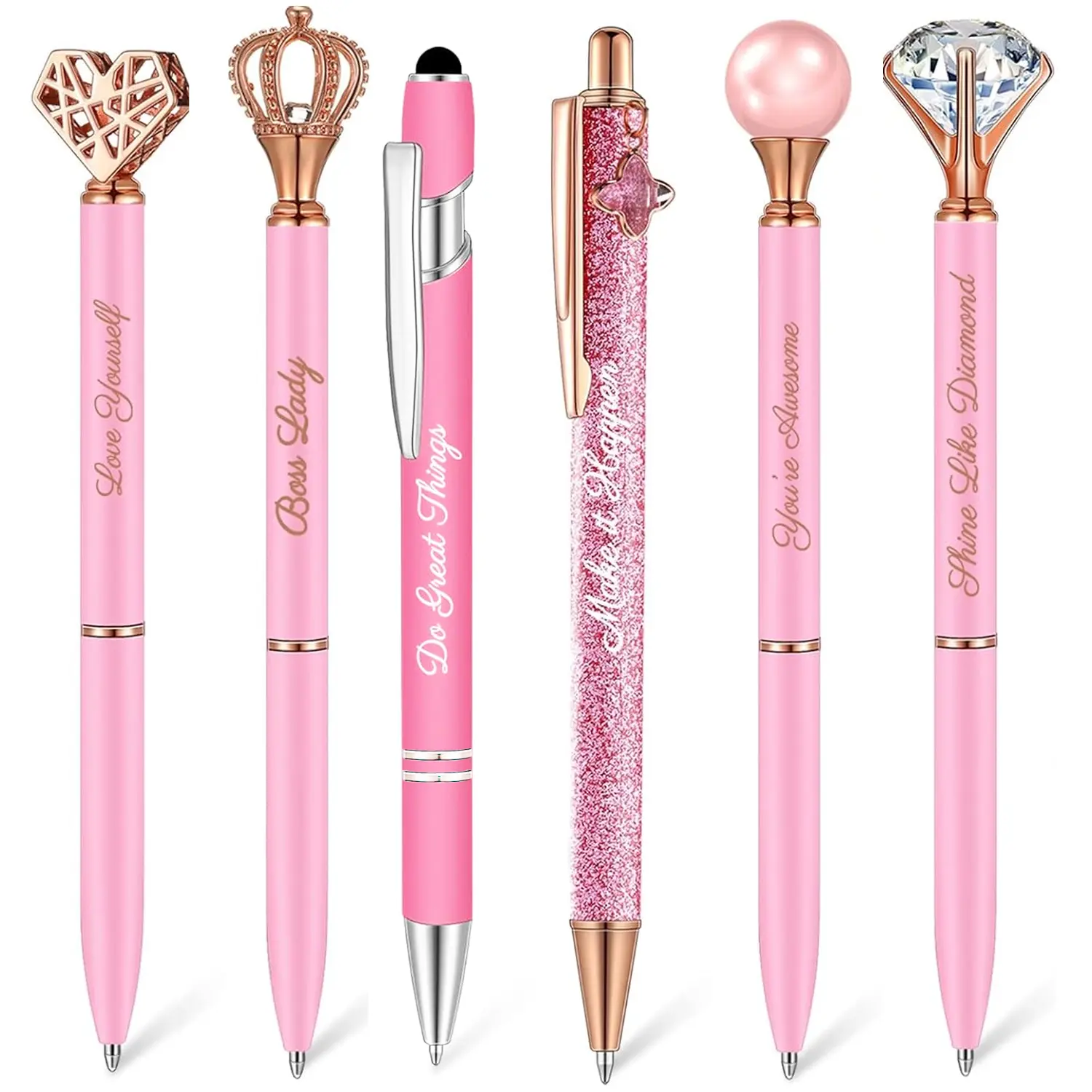 6 Pcs Fancy Pink Aesthetic Pens, with inspirational quotes, for Women Crystal Diamond Pen for Journaling Pretty Glitter Ballpoint Inspirational Gifts for Women Girls everyday writing and parties College Students Cute Gifts(Pink) Inspirational Metal Pens