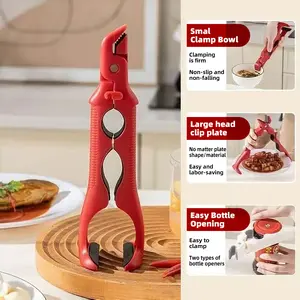 3-in-1 Dual Head Hot Plate Gripper,Anti Scald Plate Gripper for Bowls,Plates & Steamers,Heat Resistant Silicone Kitchen Tool with Lock & Bottle Opener Utensils Compact