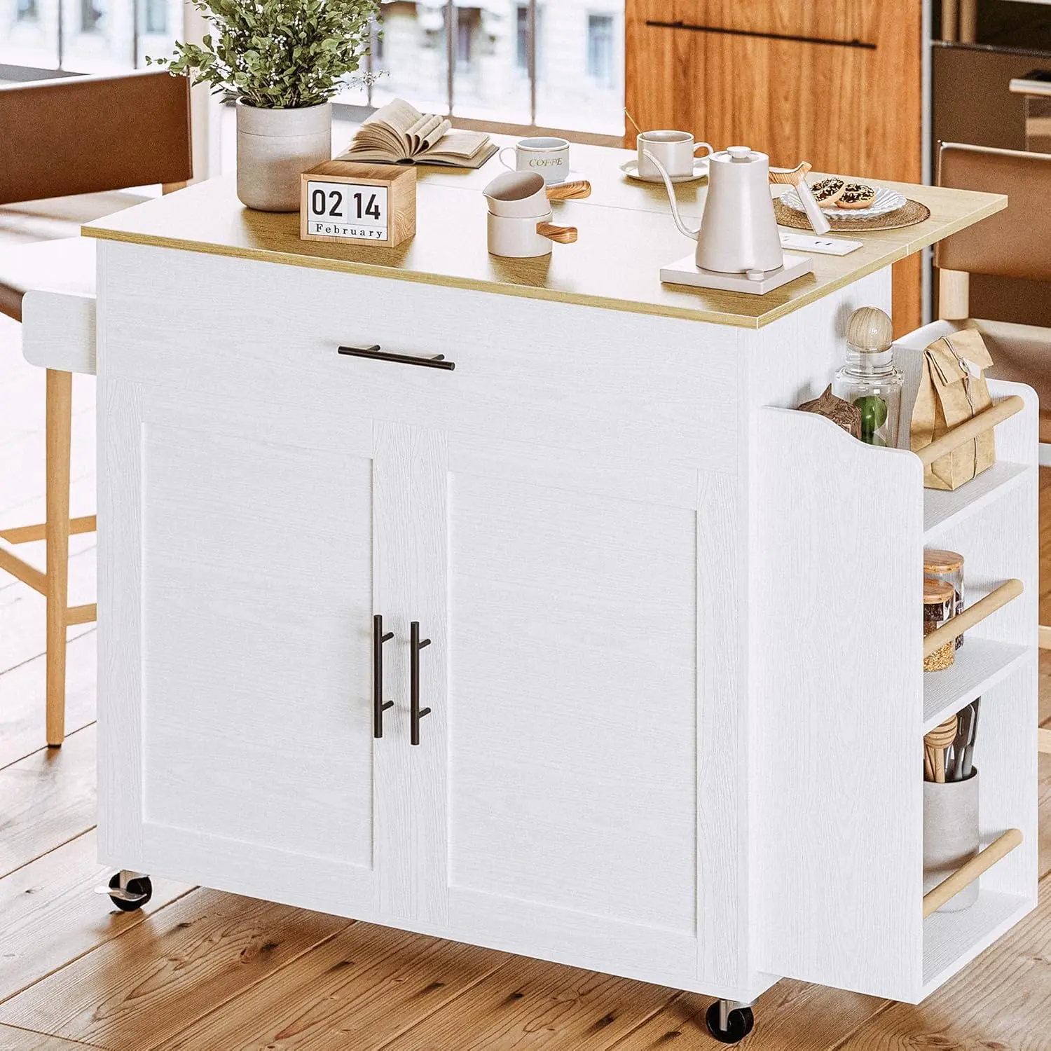 Summer Vibes IRONCK Modern Rolling Kitchen Island with Rolling Wheels, Drop Leaf, 3 Open Spice Racks, Adjustable Storage Cabinet, Door Cabinet, Drawer, MDF Farmhouse Cupboard, 127kg Load Capacity Indoor Furniture for Kitchen Use