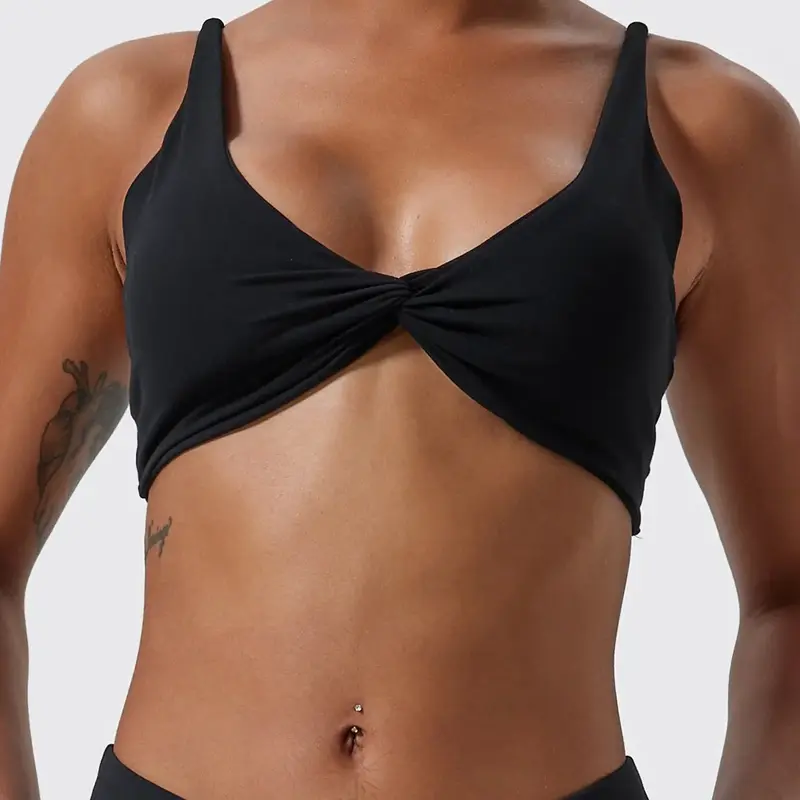 Women's Solid Twist Front Sports Bra, Casual Comfy Breathable High Stretch Yoga Bra, Ladies Sportswear for Indoor Outdoor Wear, Gym Clothes, Activewear, Workout Clothes, Workout Bras #GLOBAL PICKS