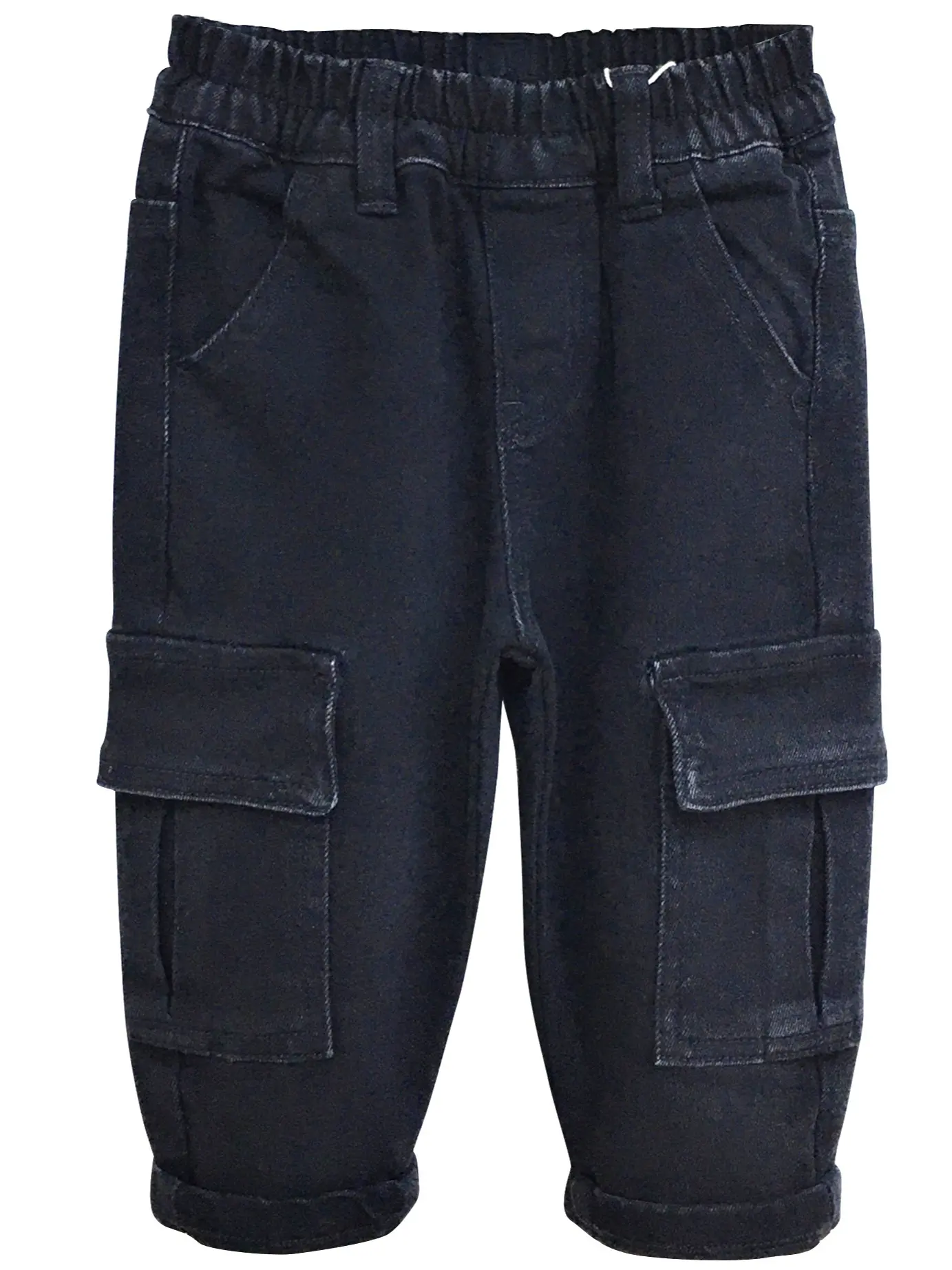 Kidscool Space Unisex Kids Black Stretchy Ripped Cargo Jeans  Elastic Waist D-Ring Pants 9M-5T, Cargo Pants, Daycare, Elastane, Basic, Plain, Angled Front Pockets, Flap Pockets