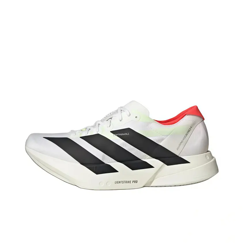 Tri-tone athletic footwear blending elite lightweight racing performance and modern minimalist design. Pale sheer white fabric collides with bold black stripes and scarlet heel accents