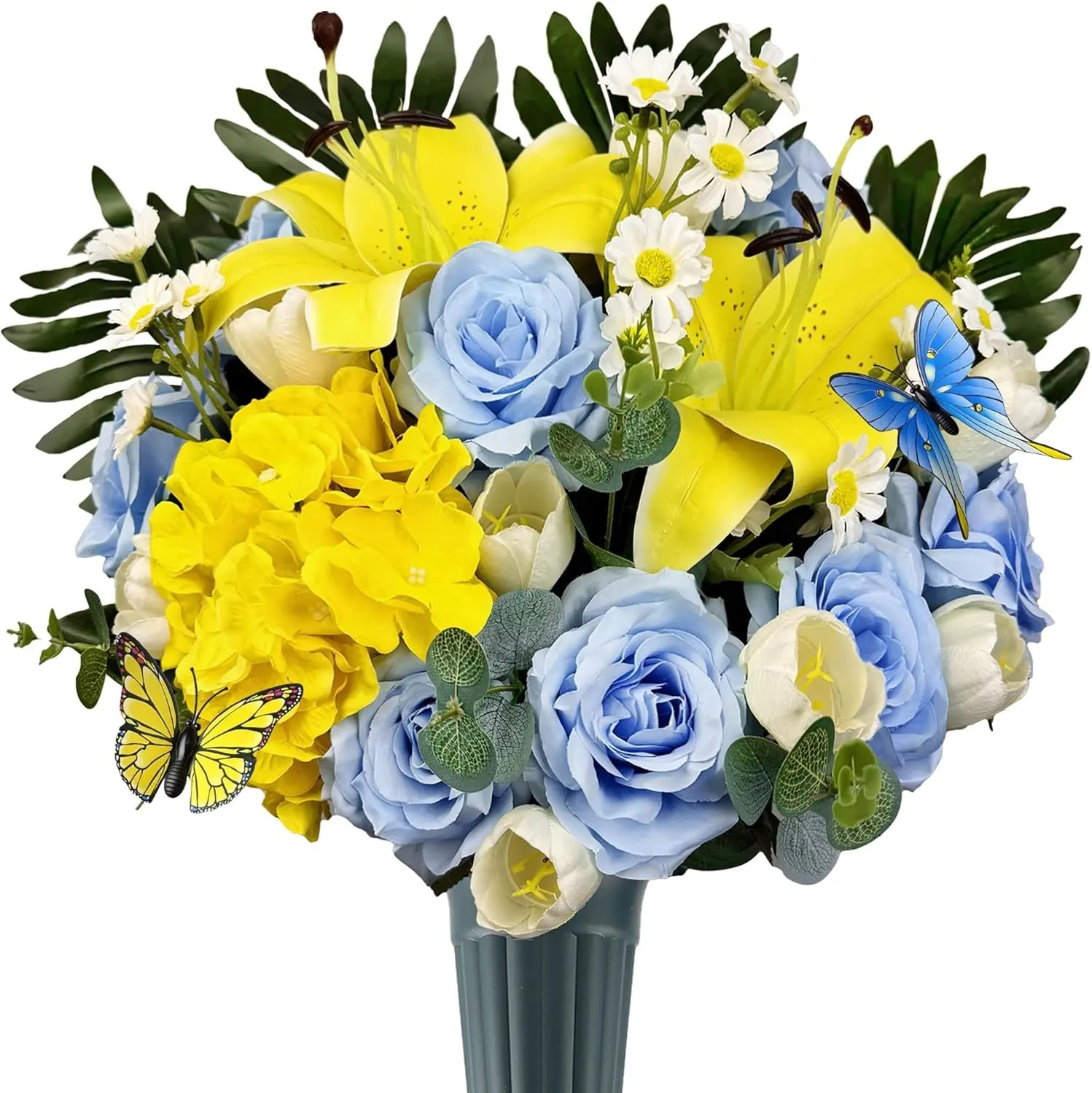 Handmade Cemetery Flower Bouquet with Grave Vase for Tombstone Decoration,Non-Bleed Color, Artificial Memorial Flower Arrangement of Rose Lily Daisy and Hydrangea, Blue and Yellow