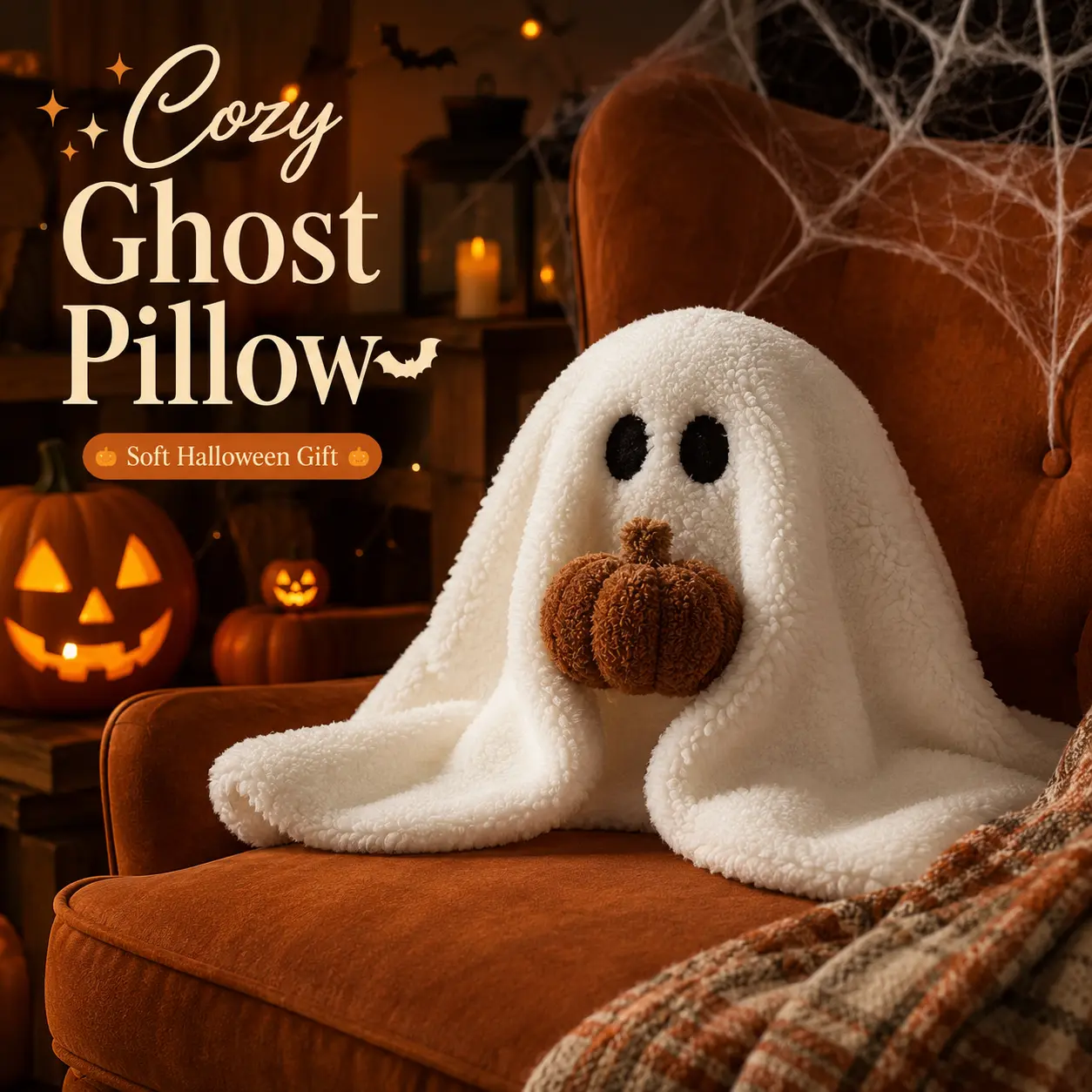 Ultra Soft Plush Halloween Ghost Throw Pillow - Couch & Bed Decor, Festive Fall Home Accessory, Perfect Gift for Kids & Family