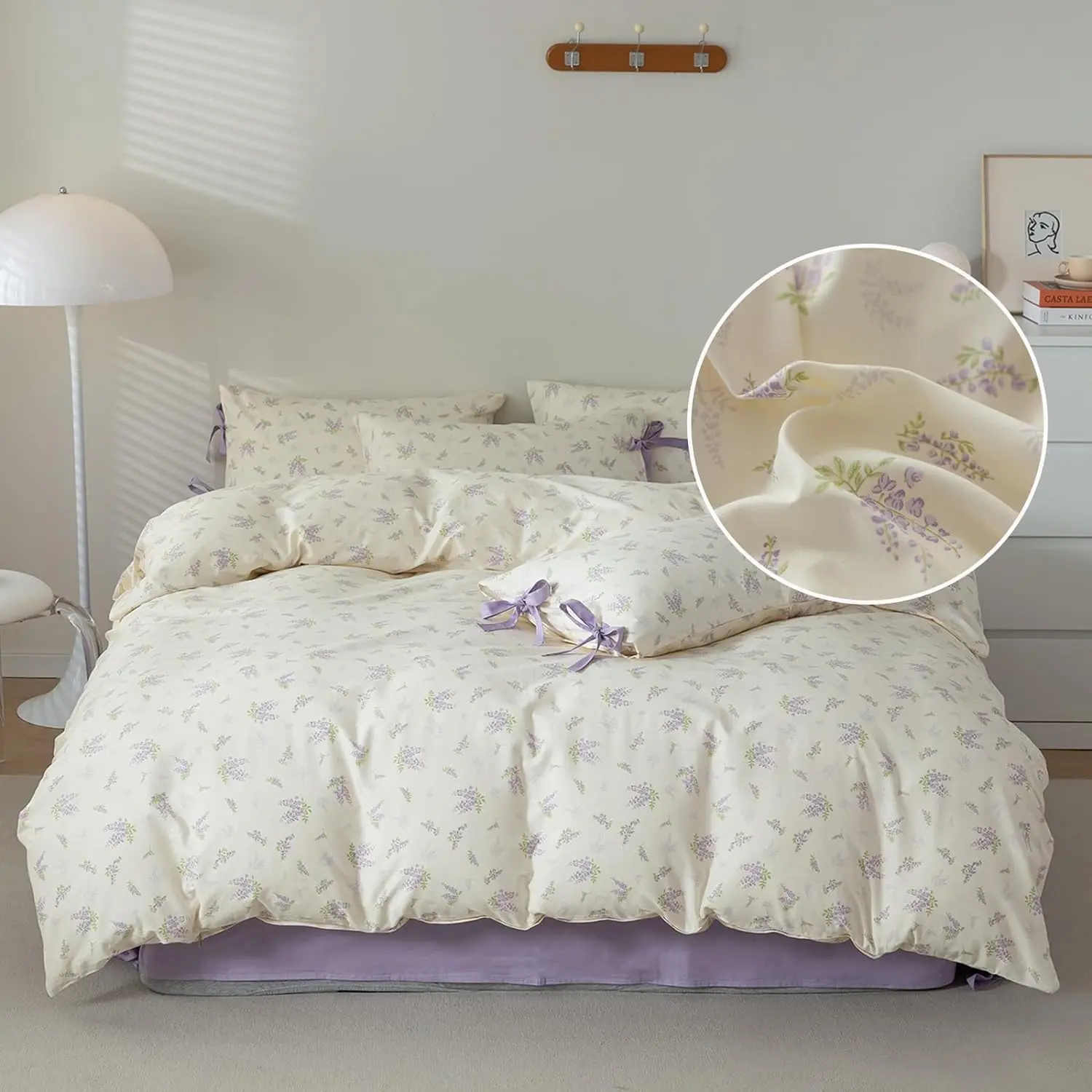 Twin XL Lilac Comforter Set with 2 Bow-Tie Pillowcases, Vintage Garden Design, Fluffy Botanical Style, Wrinkle-Free, Includes A2# Green Botanical & A7# Garden Pink Options for Women