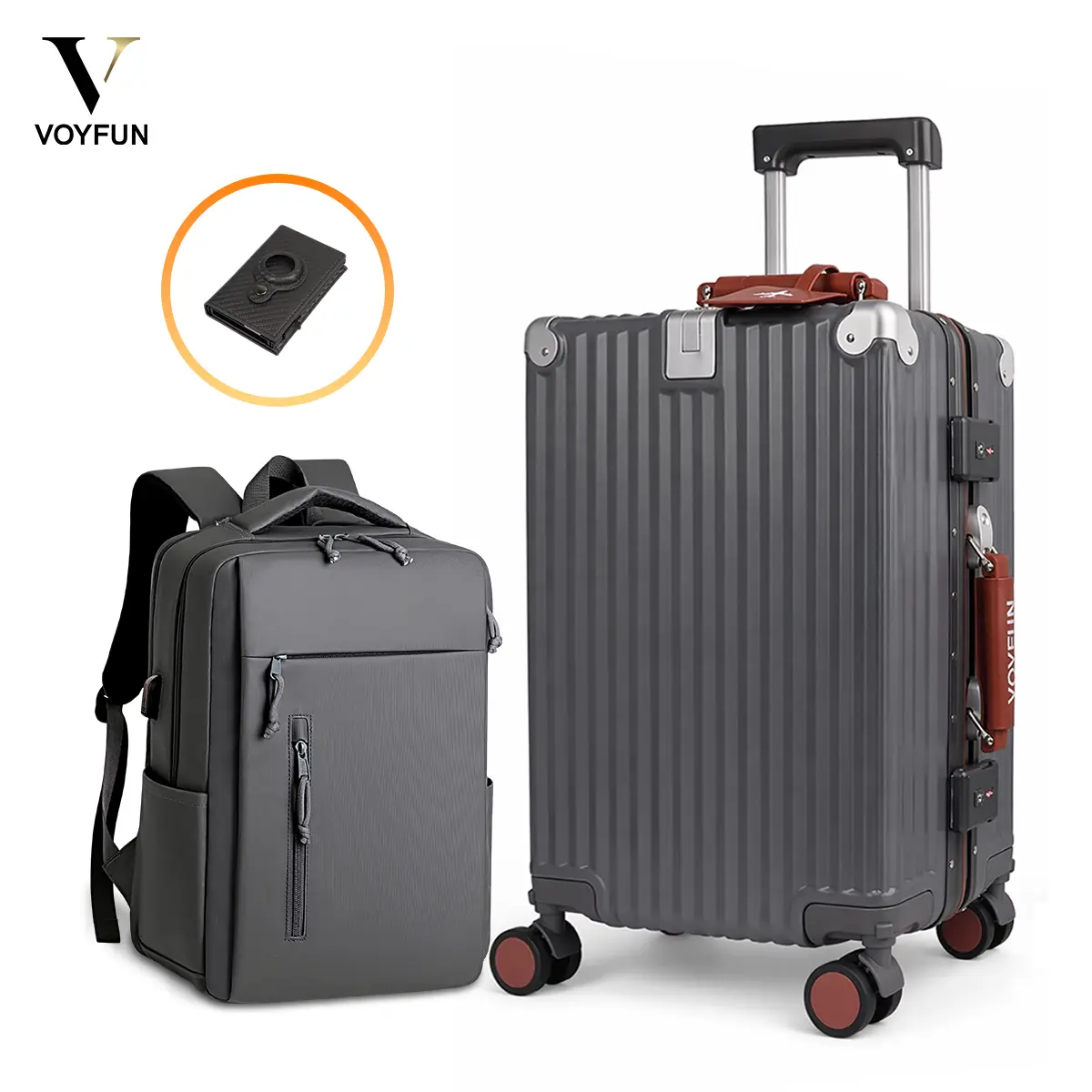 Aluminium Frame Zipperless Luggage Travel Set 20 inch Carry-On Pc Hardside Suitcase with Removable Spinner & TSA Lock & Check-Free Boarding, Travel Backpack with Laptop Compartment, Carbon Fiber Card Wallet with Tag Slot