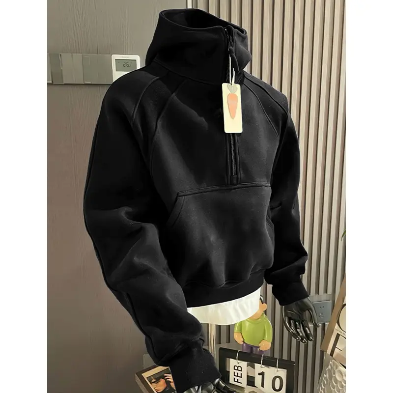 American Half-Zip Raglan Spliced Cropped Hoodie Unisex Double Lined Fleece Warm Loose Slim Fit Solid Casual Spring Autumn Top Menswear Sweatshirts Man Long Sleeve Motocross Wetsuit Pullover.  W5083