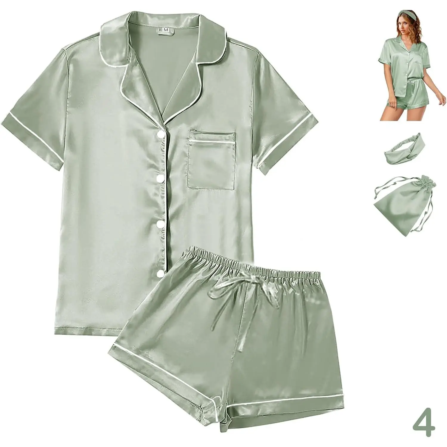 Women's 4Pcs Basic Satin Silky Pajama Sets - Short Sleeve Shirt, Shorts, Headband - XS-4XL Floral Lady Sleepwear - Sleek Satin Look Elevates Lounging Loungewear Homewear