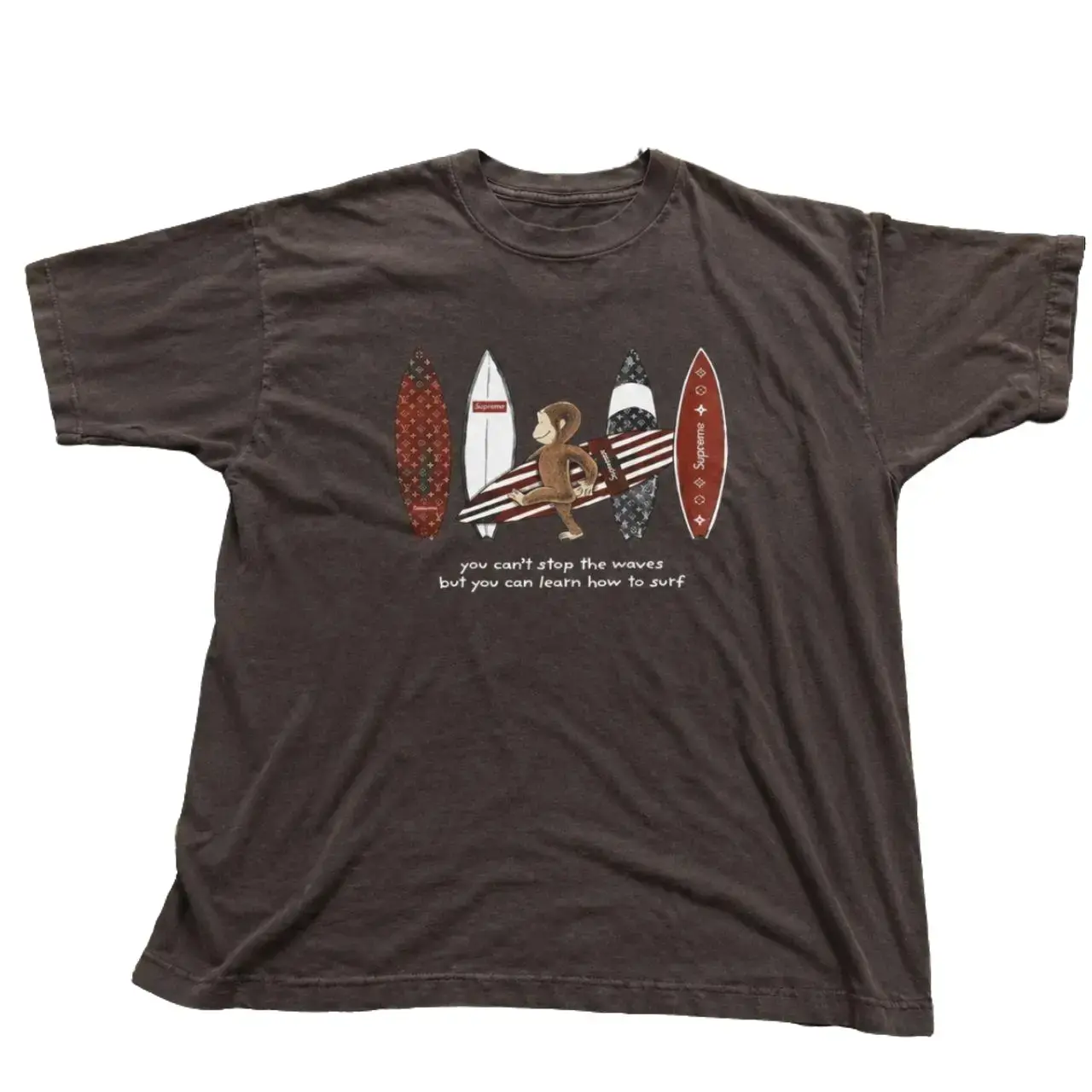Kiwi Curious George Monkey Surf Graphic T-Shirt, Unisex Dark Brown Cotton Oversized Casual Shirt