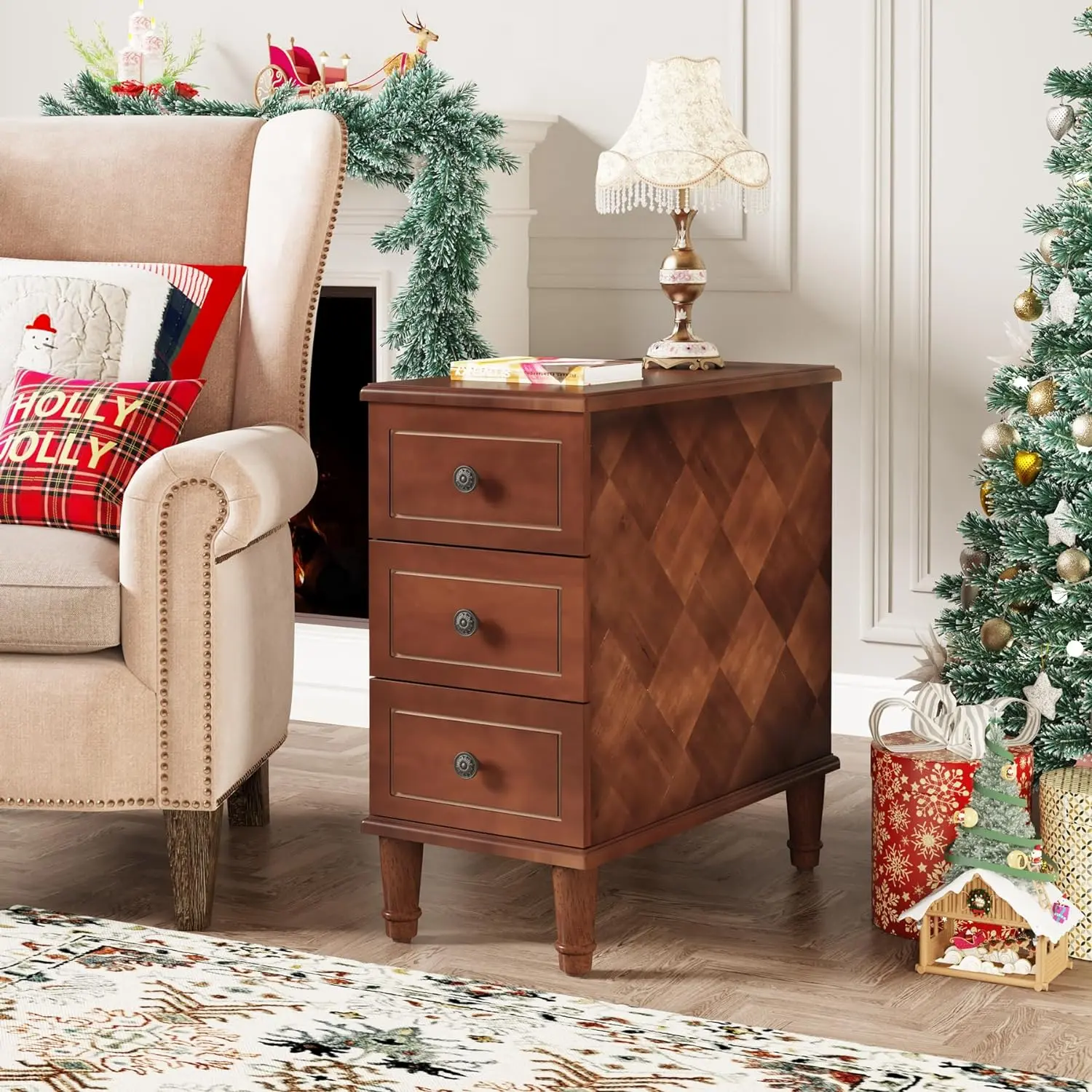 LITTLE TREE Solid Wood End Table, Fully Assembled Narrow Side Table with Drawers, Pre-Assembled Nightstand Slim Bedside Table for Small Spaces, Living Room, Bedroom, Brown