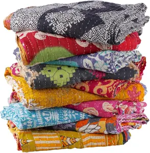 Vintage Kantha Quilts Handmade Old Saree Made gudari Boho Bedding Throw Blanket Bedspread Rally 1 pcs.