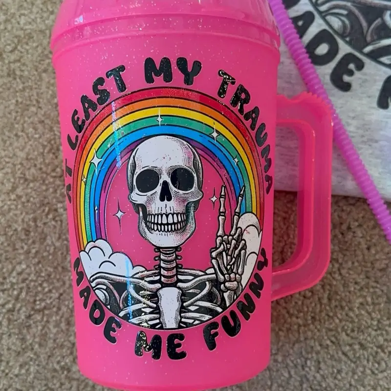 At least my trauma made me funny 34oz Mega Mug - Red Ceramic Drinkware with Colorful Design snarky skeleton design. Dark humor. Reusable Washable