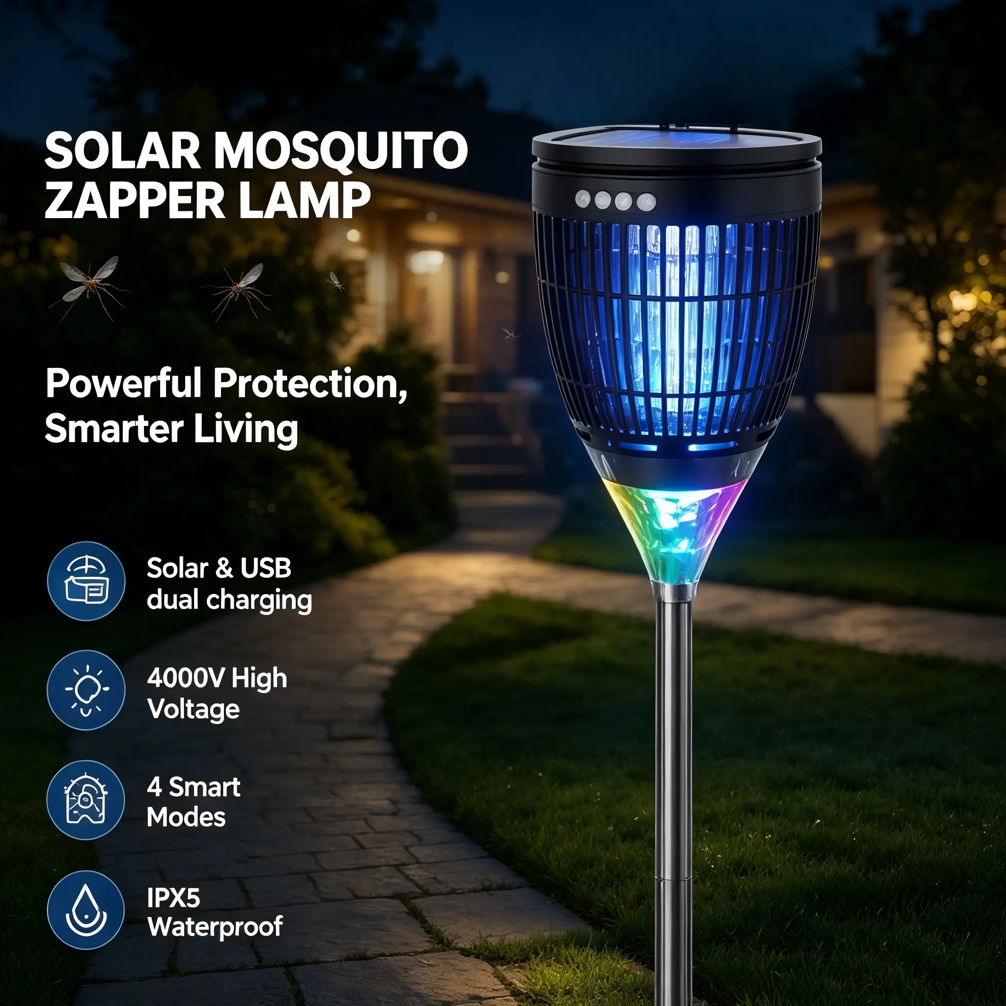 Solar Bug Zapper – 4200V Mosquito Killer, Flame & Projection Modes, Auto/Manual, Rechargeable & Waterproof for Patio, Garden & Camping