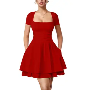 OYS Women's Casual Square Neck Ruffle Hem Mini Dress Short Sleeve Short Party Dresses With Pockets