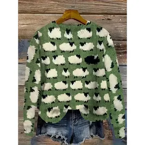 Sheep Pattern Round Neck Sweater, Autumn Winter Casual Long Sleeve Sweater, Women's Clothing Fabric Knitted Top Print Knitwear WomenswearGiftGift
