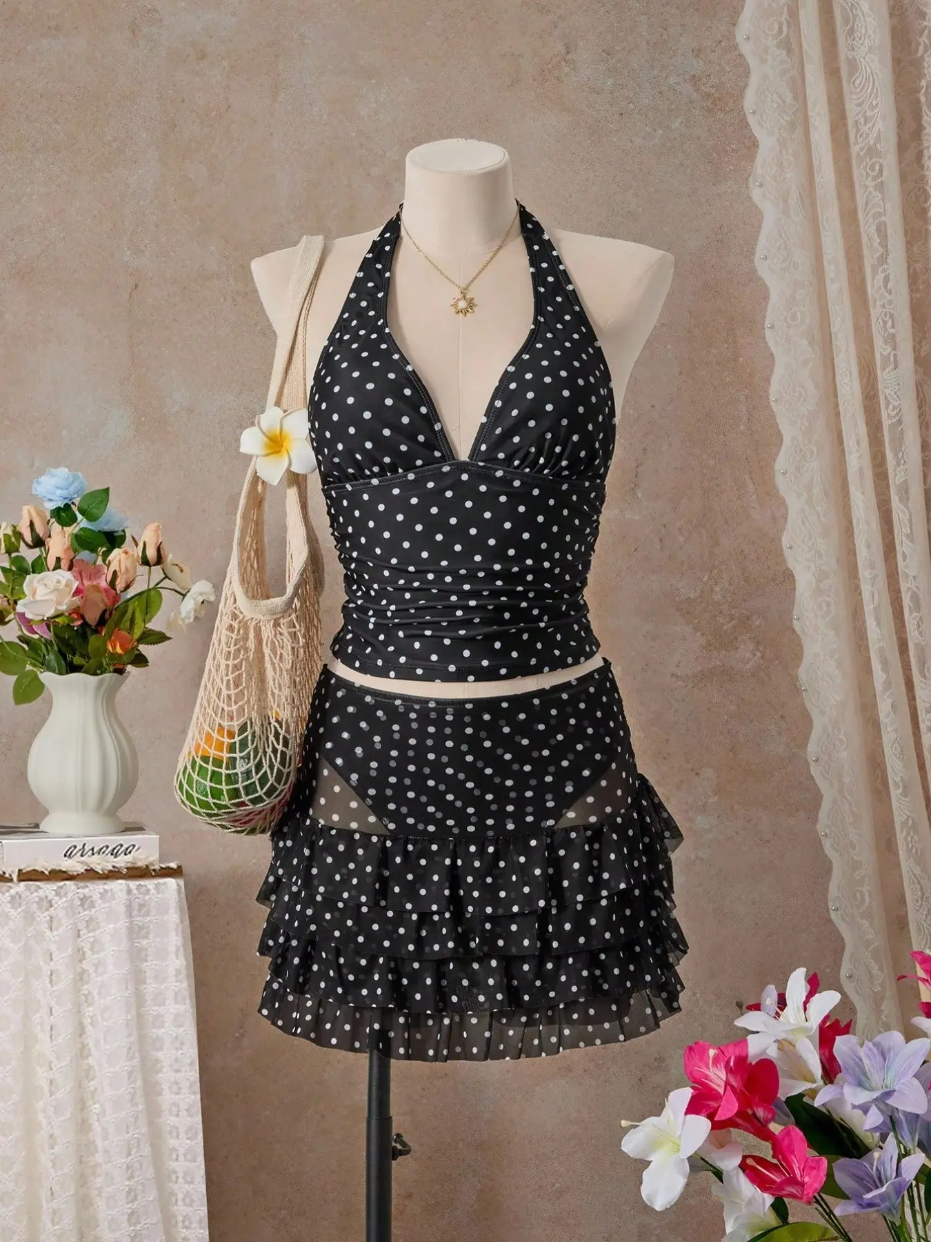 Women's Fashion Tankini Swimsuit Set, Three-Piece Polka Dot Bikini, Elegant Fitted Summer Tankini Beach Swimwear, All Seasons Beachwear, Stylish Swimsuit, Swimsuit For Beach, Stylish Bathing Suit