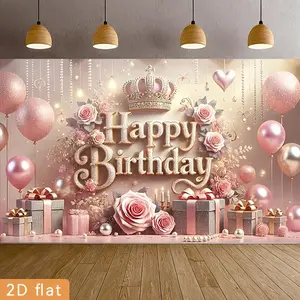 2D Flat - 2D Flat - 1pc 2D Flat Banner | for party Banners Happy Birthday, Home Decor For Family Holiday Gatherings, Fashionable, Personalized, Beautiful Patterns, Pretty Polyester Backdrop For