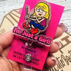 I'm Just a Girl Acrylic Badge Reel - Glitter Nurse ID Holder Gift for Nurse/Teacher