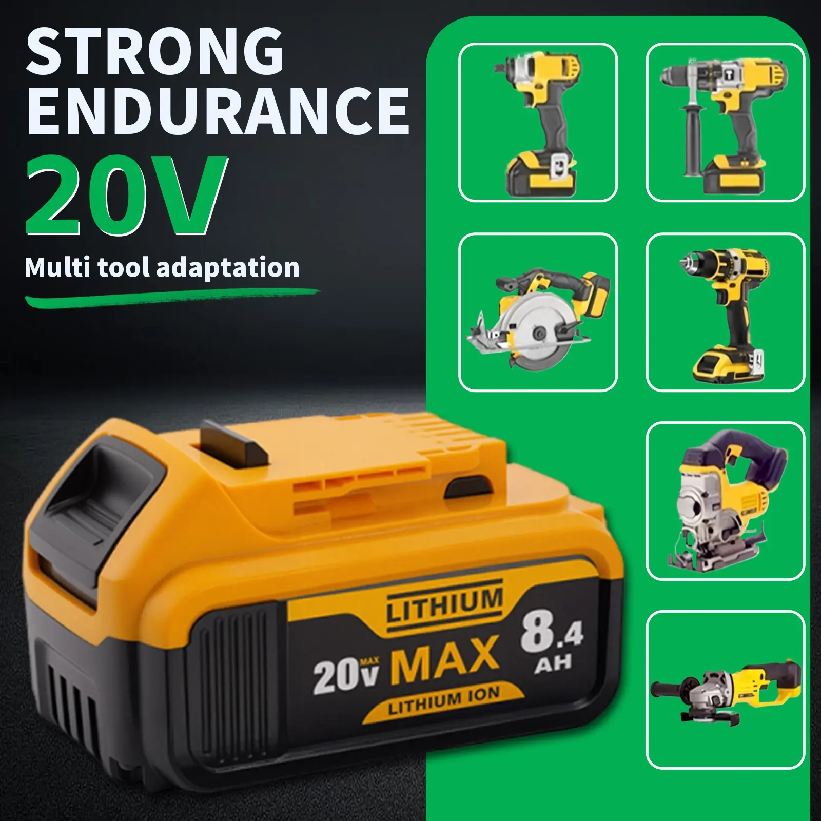 1-Pack 20V 8.4Ah Lithium Capacity Replacement Li-ion Battery, Lithium Rechargeable Battery, Cordless Tool Batteries, long-lasting power for DeWalt cordless drills, saws, grinders, nailers, compatible with DCB609, DCB606, DCB200