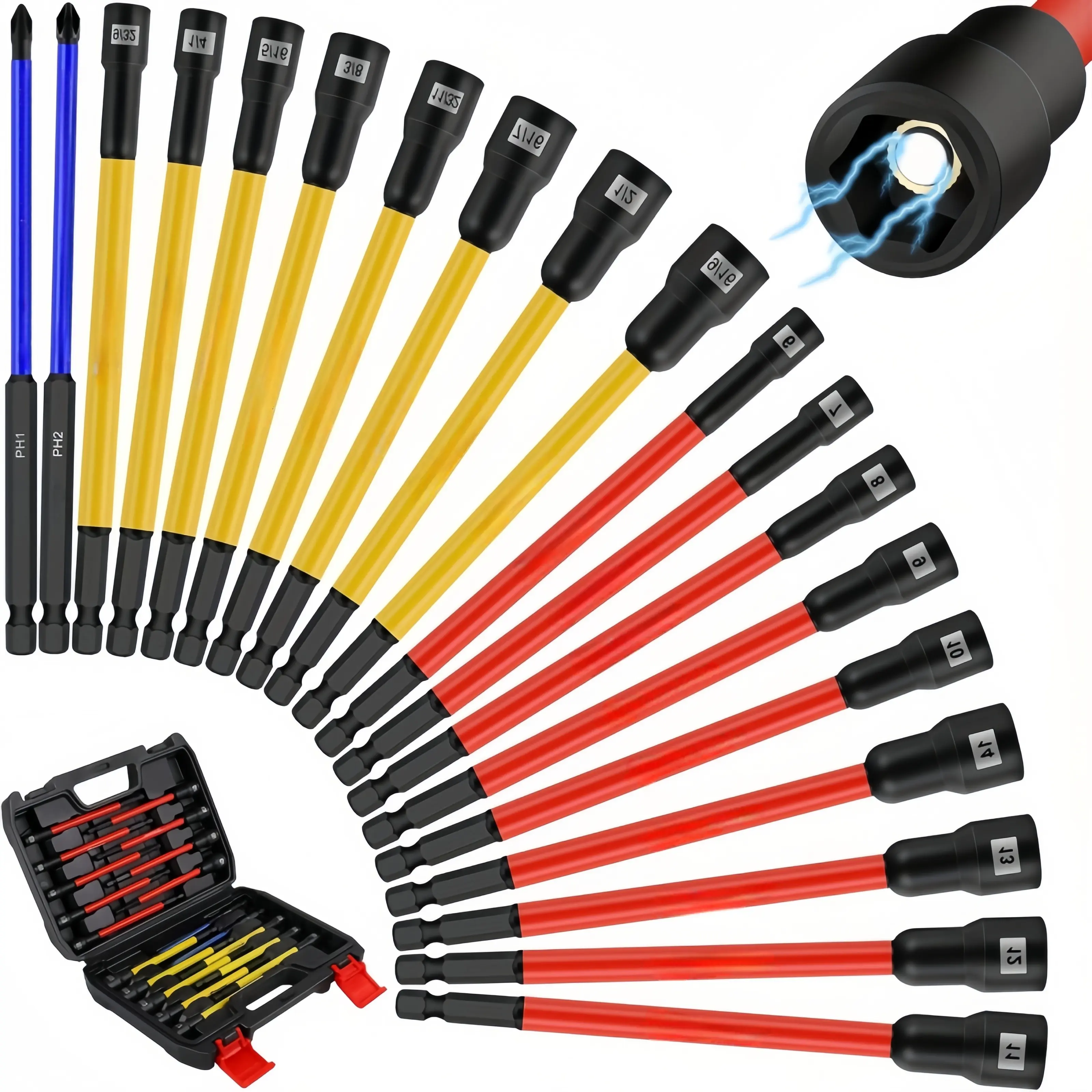 19PCS Magnetic Long Nut Driver & Phillips Screwdriver Bit Set, Color Coded Extended Hex Nut Setter Drill Bits Kit, Hard Storage Case for Cordless Impact Drill Auto Furniture Electrical Repair shank quick-change