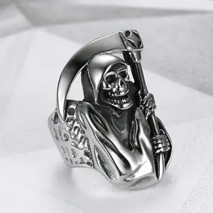 Stainless Steel Death Reaper Scythe Skull Men's Ring, Gothic Punk Street Style Costume Jewelry, Halloween Gift for Men, Fashionable Inspirational Trauma Jewelry Accessory, Inspirational Trauma Ring, Skeleton Metal Rings,summerwins