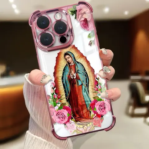 Virgin Mary Flower Pattern Electroplated TPU Cellphone Case - 4-Corner Anti-Fall Shockproof Protector, Sturdy Casing for iPhone 1,12,13,14,15,16,17 Pro Max Handheld Devices