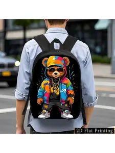Cool Colorful Bear Printed Pattern Unisex Casual Daily Backpack, Lightweight Travel Backpack, Polyester Backpack, Suitable for Outdoor, University, Hiking, Camping, with Adjustable Shoulder Strap, Zipper Closure, 2D Flat Printing, 2D Flat, for Teenager