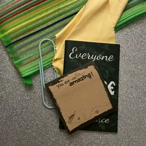 You Are Amazing Desk Deco Pack - Encouragement Essentials with Green Plaque, Kraft Note Card, Drawstring Pouch, Microfiber Cloth & Paperclip
