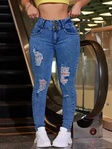 Women's High-Waisted Skinny Jeans with Ripped Details Hip-Lifting Stretch Denim Trousers Fit Womenswear Casual Blue Pants Streetwear