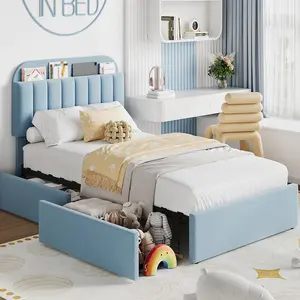 【GARVEE】Bed Frame with Storage Headboard, Kids Bed with 2 Drawers, Boucle Upholstered Platform Bed with Bookcase, No Box Spring Needed, Easy Assembly|Twin/TwinXL/Full/Queen