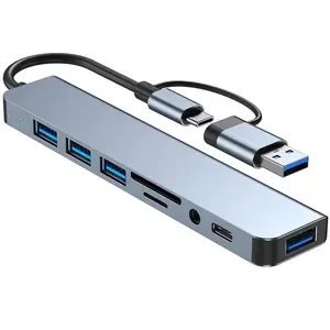 8-In-1 USB Expander HUB with 2 USB 3.0, 2 USB 2.0, 1 USB C, USB A Ports, TF/SD Card, Perfect USB Distributor for Laptops and Macbooks
