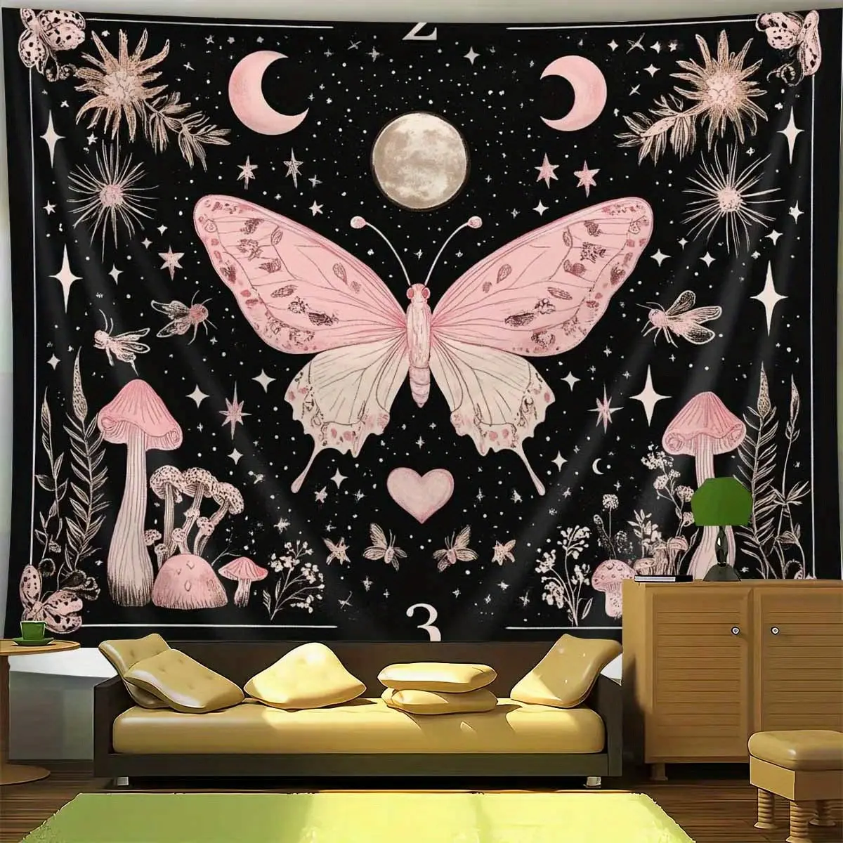 1pc Vintage Retro Bohemian Butterfly Wall Tapestry - Camouflage-Infused Polyester Fabric, Pink Butterfly, Star, Mushroom Prints, Easy-Clean, Fade-Resistant, Machine-Washable, Ideal for Bedroom Decoration, Perfect Gift for Girls, Indoor Home Decor, Indoors