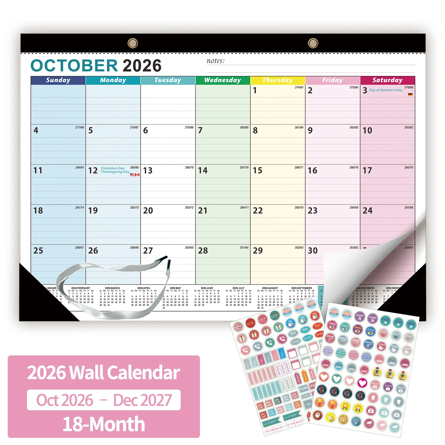 Desk Calendar 2026–2027 – 15-month wall calendar, 17 x 12" | October 2026 – December 2027, academic desk calendar with thick paper, large blocks for home & office (colorful)