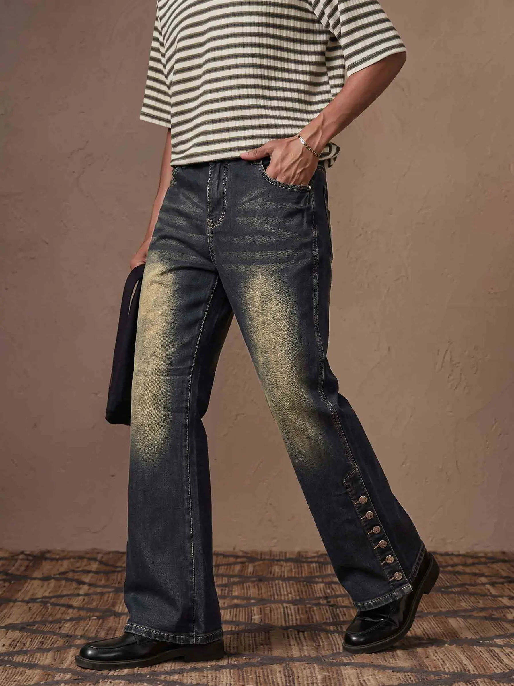 Men's Stretch Flare Vintage Washed Denim Jeans - Menswear Bottoms with Metal Button Hem Decor, Casual Streetwear Flared Pants, Classic Plain Style for Tee & Hoodie Pairing, Streetwear Clothing, Clothes Overall Trouser, Regular Fit, Button Decor Beige Pock