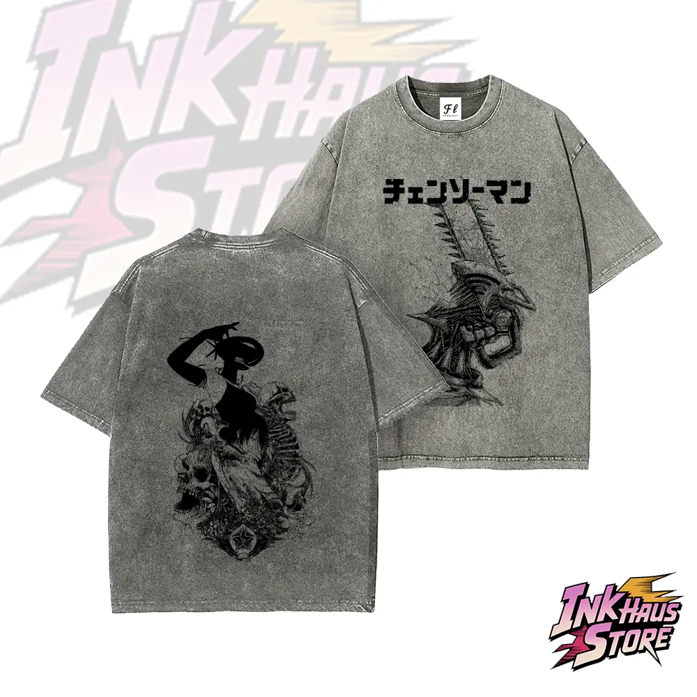 Denji x Reze Chainsaw Man Acid wash Anime Double Printed Vintage Washed Tee Unisex Oversize Anime Manga Heavyweight Cotton T-shirt
