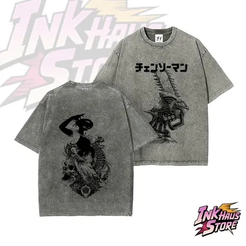 Denji x Reze Chainsaw Man Acid wash Anime Double Printed Vintage Washed Tee Unisex Oversize Anime Manga Heavyweight Cotton T-shirt