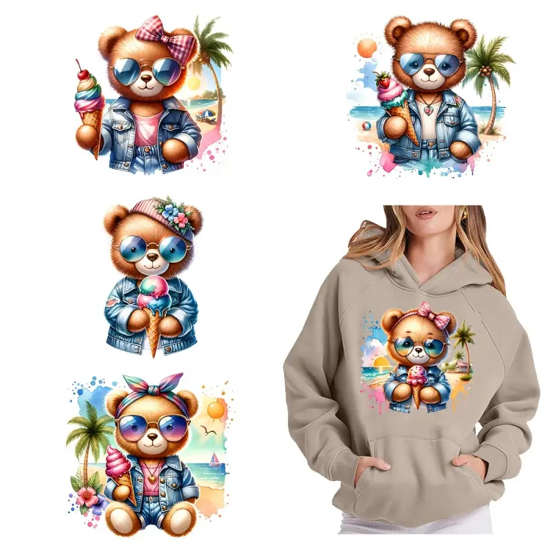 6pcs Cool Bear DIY Crafts Transfer DTF Transfer Stickers Water Heat Transfer Design Non-Iron Stickers for T-Shirts Masks Jeans Backpacks