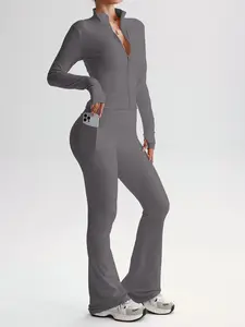 Women's Fall Winter Plain Zipper Jacket and High Waist Pants Set, Casual Sportswear with Pockets, Slim-Fitting Below Ankle Long Sleeves