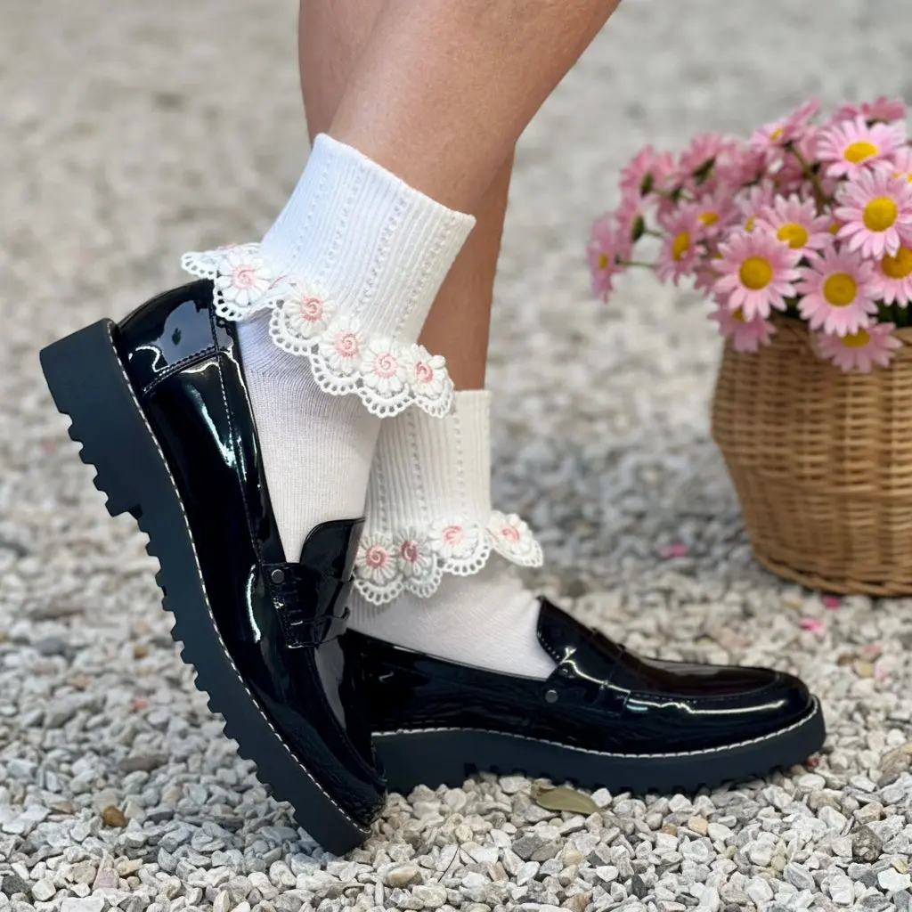 DAISY MAE Lace Cuff Socks White Pink | Embroidered Daisy Ankle Socks Made in USA