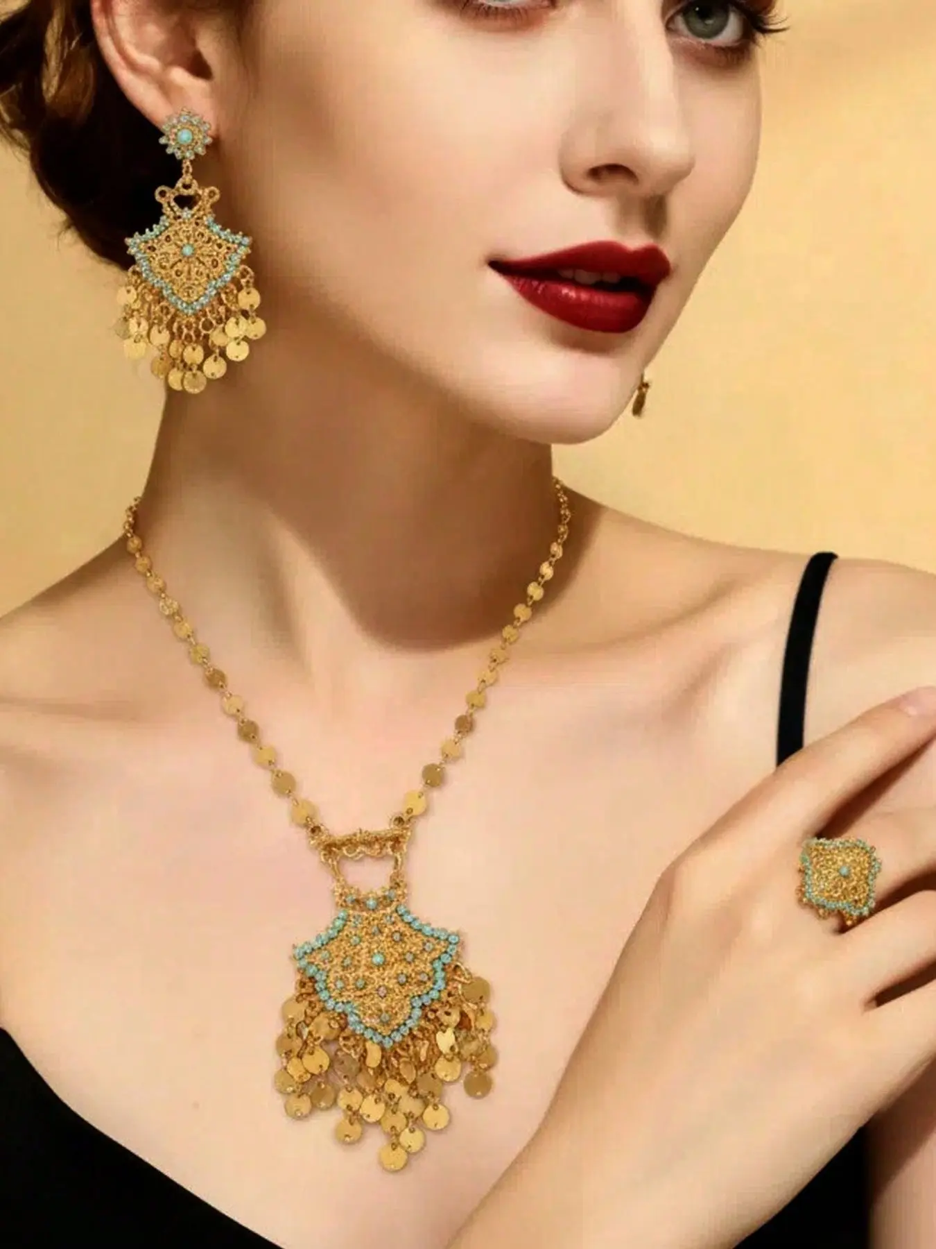 Bohemian Style Copper Alloy Gold Plated Pendant Necklace Earrings Ring Set, Bohemian Influence, Blue Beads Tassel Design, Tassel Detailing, Women's Daily Wear Jewelry Gift, Beaded, Boho Jewelry Set, Accessory Set