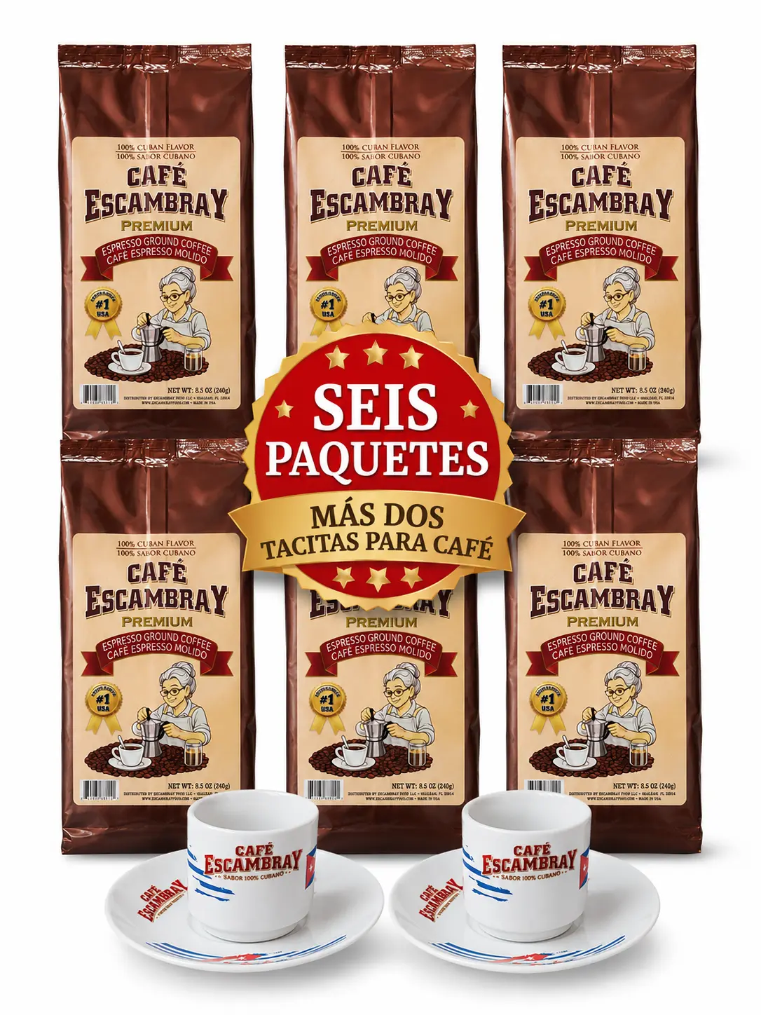 Cafe Escambray Premiun Cuban Espresso Ground Coffee 6 PK(8.5 oz (240 g)) + 2 free gift mugs - Strong Cuban Style Coffee, Dark Roast, Cafe Cubano Molido Premium.