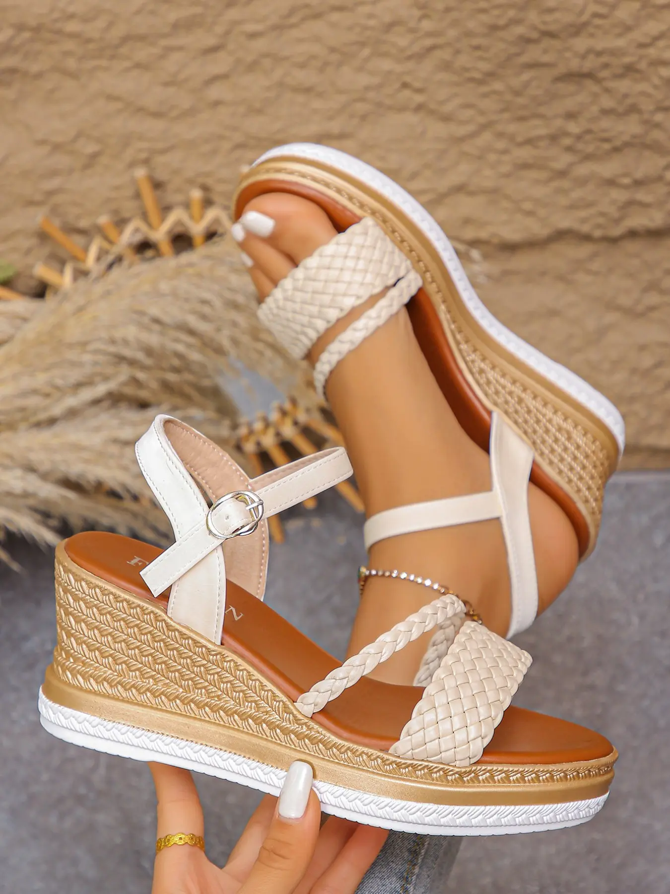 Women's Summer Trendy Casual Open Toe Platform Thick Sole Wedge Heel Wedge Pu Leather Sandals, Ankle Buckle Design, Versatile Height Increasing Shoes for Daily Wear, Fashionable Wedge Shoes, Fashion Wedges