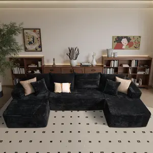 【3 Packages Shipping】132" U-Shaped Cloud Sectional Couch Plush Corduroy Modular Sofa with Double Chaise No Assembly Deep Seat Boneless Sofa Set for Living Room Modern Minimalist Design Fast Shipping Black Couch