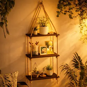 Rustic Wooden Hanging Rope Shelves | 3 Tier Rope Hanging Floating Shelves Wood Wall Swing Shelf Home Storage